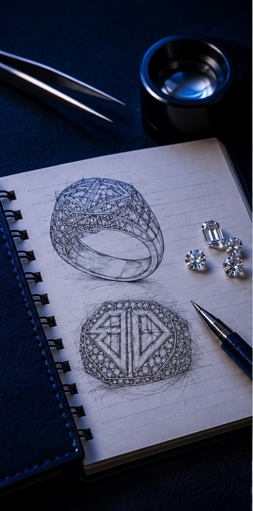 Custom diamond ring sketches and loose gemstones