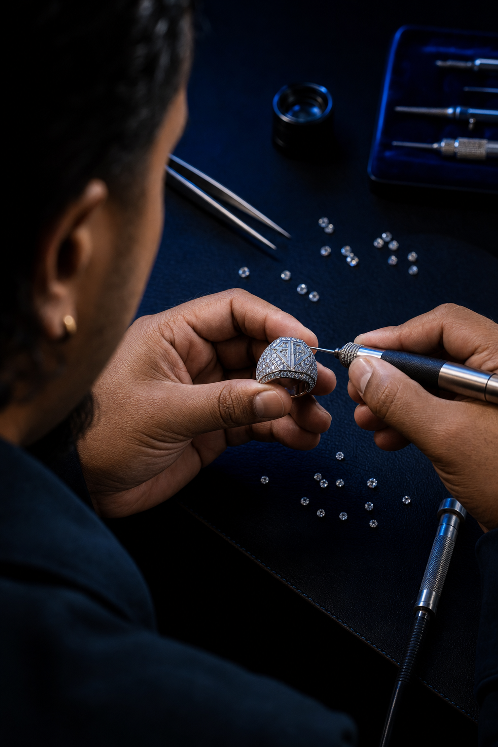 Jeweller setting diamonds in a custom ring