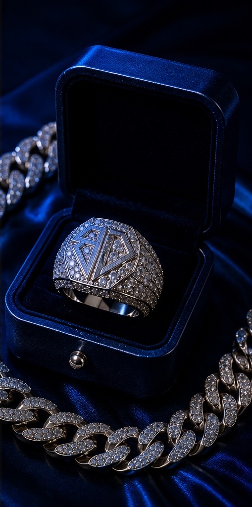 Finished custom diamond ring displayed in a presentation box